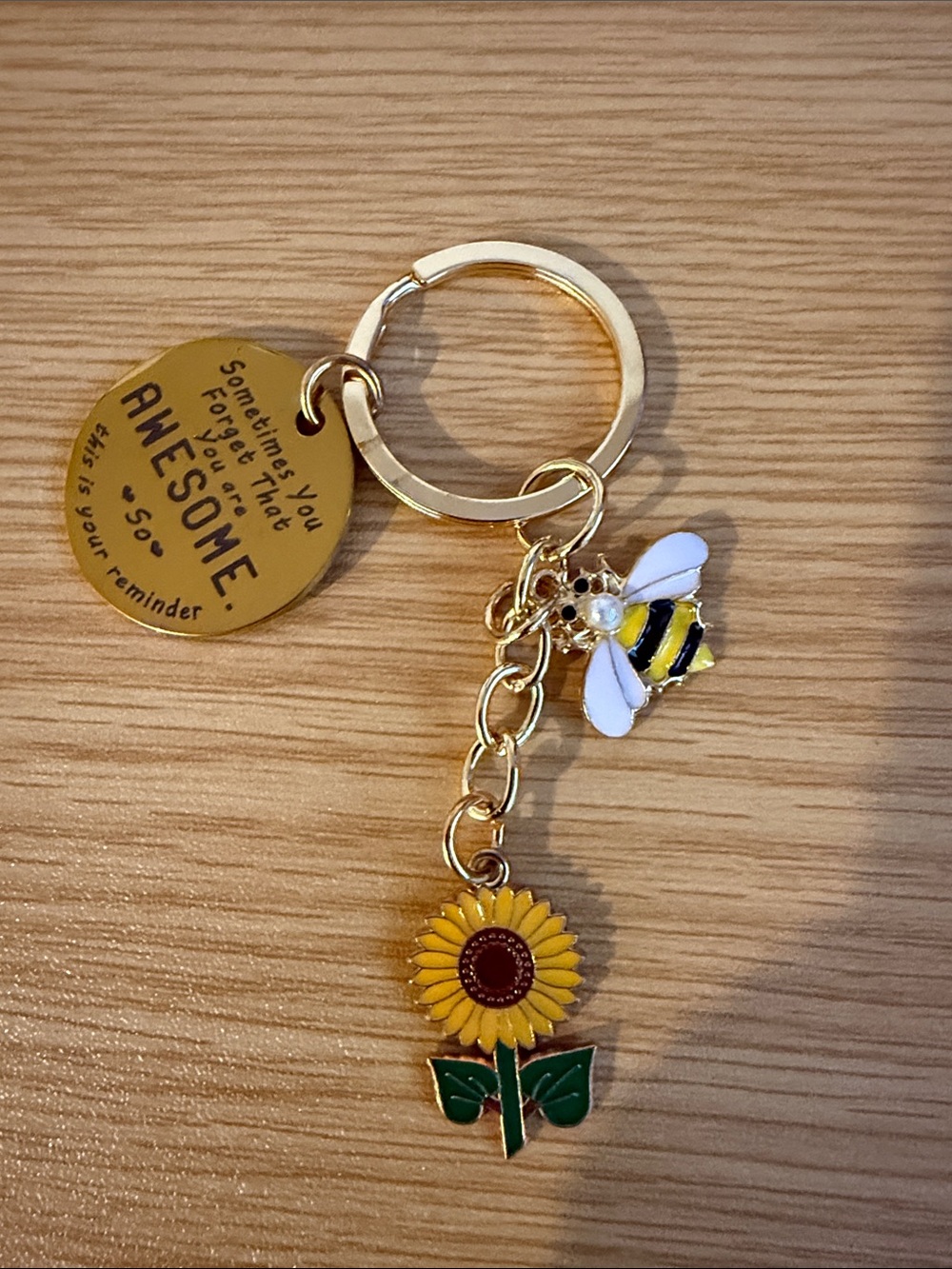 Gold Sunflower & Bee Keychain Charm - Yellow Floral Accent